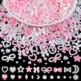 1200Pcs 3D Multi Shapes Nail Charms and Flatback Pearls, White&Pink Mix Styles Heart Star Bow Sunflower Embellishments for Nail Art, Craft and Decoration with Tweezer and Pickup Pencil