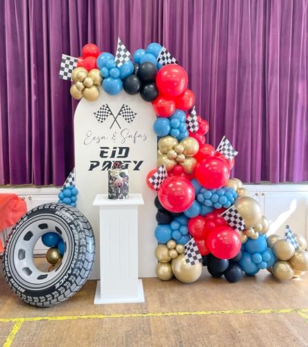 Image of 160Pcs Race Car Balloon Garland Arch Kit - Car Wheels Checkered Balloons 18 12 10 5 Inch Different Size Balloons for Racing Car Two Fast 2nd Monster Theme Birthday Party Decorations Supplies