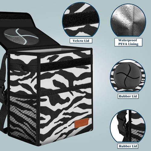 Image of Femuar Car Trash Can with Lid - Leak Proof, Waterproof, Zebra Stripe, SUV Multipurpose Car Hanging for Headrest, Collapsible, Portable with Storage Mesh Pocket