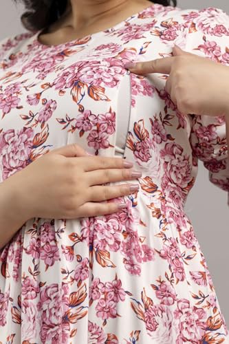 Image of Women's Rayon Anarkali Maternity Ankle Length Dress, Pregnancy Dress,Feeding Kurti,Easy Brest Feeding Dress, with Both Side 9 inch Zipper and Belt
