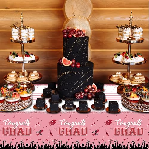 Image of chiazllta Set of 3 Graduation Tablecloths Class of 2026 Congrats Grad Pink Graduation Party Tablecover Decorations Party Supplies Large Size Plastic 54 inchx108 inch(Pink & Gold)