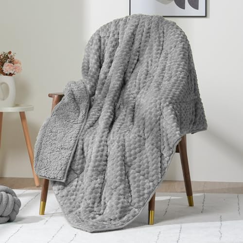 Wemore Fleece Weighted Blanket for Adults (48" x 72" 15lbs, Grey), Dual Sided Cozy Soft Sherpa Heavy Blanket, 3D Imitation Turtle Shell Warm Jacquard Flannel Weighted Blankets for Couch and Bed