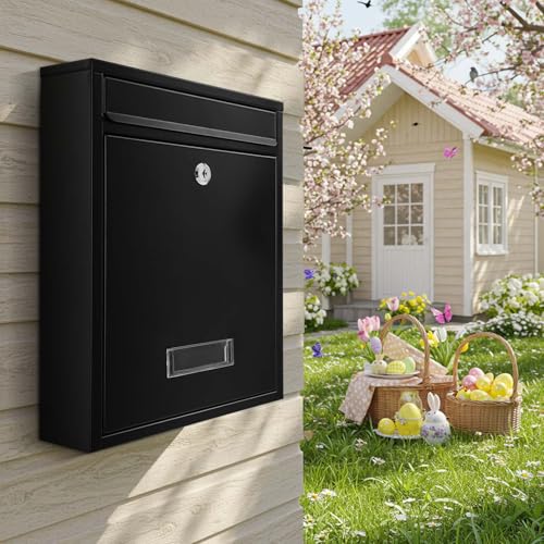 Image of Yaocom Wall Mount Mailboxes for Outside 13.8 x 9.5 x 3.3 Inches Large Vertical Mailbox with Key Locking Outdoor Metal Steel Mail Drop Security Hanging Secure Postbox for Home Office School, Black