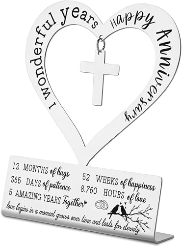 1st Wedding Anniversary Cross Gift, Christian Heart-Shaped Keepsake for Couples 