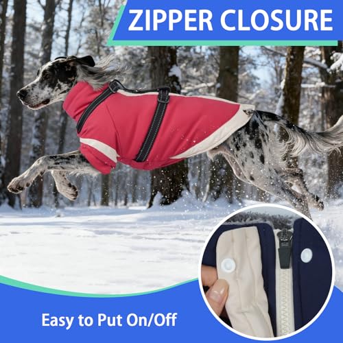 Image of MIGOHI Ultra Thick Dog Jacket,Reflective Medium Dog Coat with Harness Built in,Warm Pet Winter Coat Zip Up Puffer Jacket with Furry Collar for Medium Dogs with Legs Outdoor Adventure,L,Pink