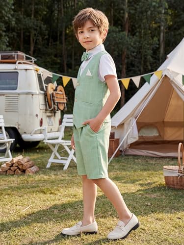 Image of Summer Boys Suit Dress Clothes Kids Wedding Ring Bearer Outfit 4Pcs Shirt Vest Shorts Set