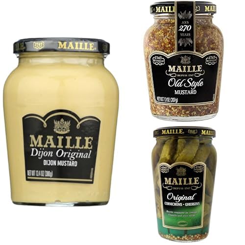 Paquete de mostaza Maille Dijon (13.4 onzas), mostaza estilo antiguo (7.3 onzas) y pepinillos Cornichons (13.5 onzas), producto de Francia