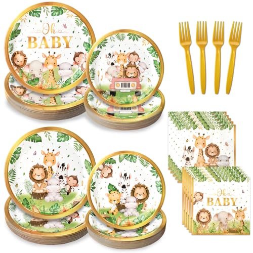 Kinovo 96 Pcs Safari Baby Shower Plates and Napkins Tableware Set (Serves 24) Plates Napkins and Forks Sets Party Supplies Jungle Safari Baby Shower Decorations