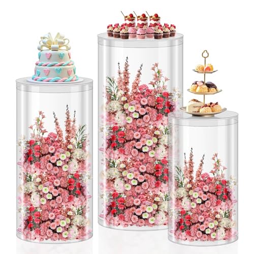 DOOMOOK 3Pcs Transparent Cylinder Pedestal Stands Thickened PVC Round Pedestal Display Plinth Pillars for Wedding Birthday Babyshower Decoration Art Decor