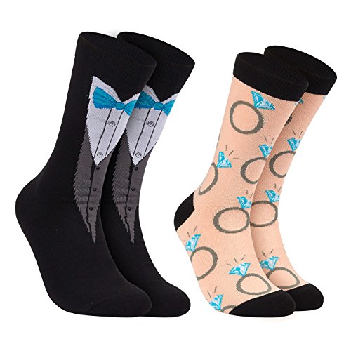 Groom and Bride Crew Socks for Wedding, Tuxedo and Ring (2 Pack)