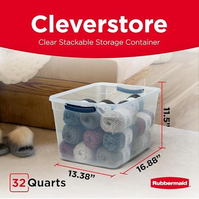 Rubbermaid Cleverstore Clear 32 Qt, 6 Pack Stackable Plastic Storage Containers with Durable Latching Clear Lids, Visible Storage, Great for Closet and Laundry Storage, Organizing in the Home