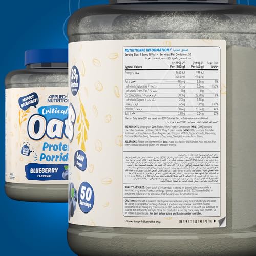 Applied Nutrition Critical Oats - Protein Oats, Porridge with ISO-XP Whey Protein Isolate, Healthy Breakfast and High Protein Snack (3kg - 50 Servings) (Blueberry)
