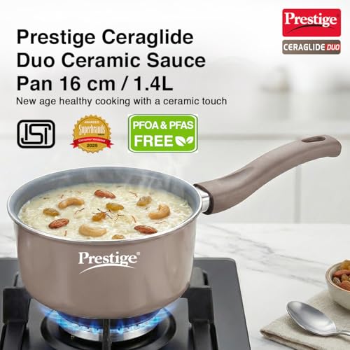 Image of Prestige Ceraglide Duo Sauce pan 16Cm /1.4L with Glass Lid Non-Stick Ceramic Coating|Works On Gas & Induction|High Heating|Cool Touch Handle|Grey