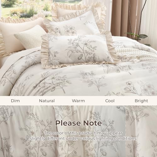 Image of Litanika Beige Brown Full Comforter Sets, 3 Pieces Khaki Ruffle Floral Farmhouse Bedding Comforter Sets, All Season Soft Lightweight Fluffy Microfiber Bed Set(79x90In Comforter, 2 Pillowcases)