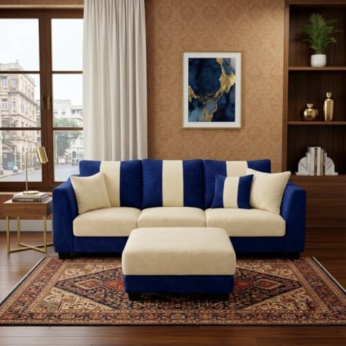 Image of Revo 4 Seater L Shape Sofa Set with Movable Ottoman | Flexible Left or Right Layout | Luxury Velvet Suede Fabric | Modern Living Room Sofa | Dark Blue-Cream