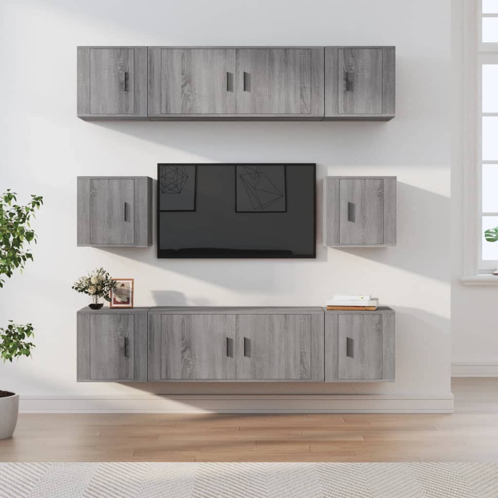 8-TLG. TV-Schrank-Set Grau Sonoma, Holzwerkstoff, 100/40 cm Breite, Wandmontage, Modernes Media-Center für Wohnzimmer, Viel Stauraum