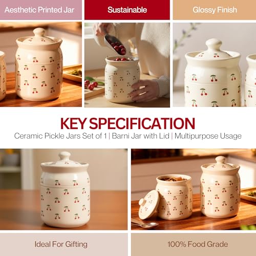 Image of Cherry Printed Ceramic Handglazed Pickle Jars Set of 1-1000 ML Each | 1 kg Achaar Martban Barni Jar with Lid | Ceramic Storage Jar Container Pickle /Achar, Chatney