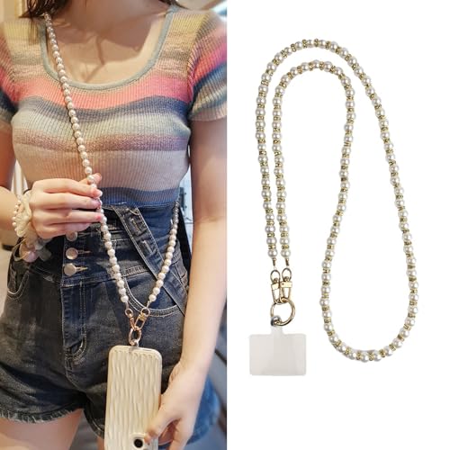 [CSILOVEE] スマホストラップ ネック パールストラップ 優雅で可愛い ショルダーストラップ ストラップ バッグチェーン 人気 斜め掛け 肩掛けストラップ 着脱簡単 全機種対応 スマホ 携帯 落下防止 忘れ物防止 耐久性 韓国 おしゃれ タグ1枚付き (128cm, 金色)