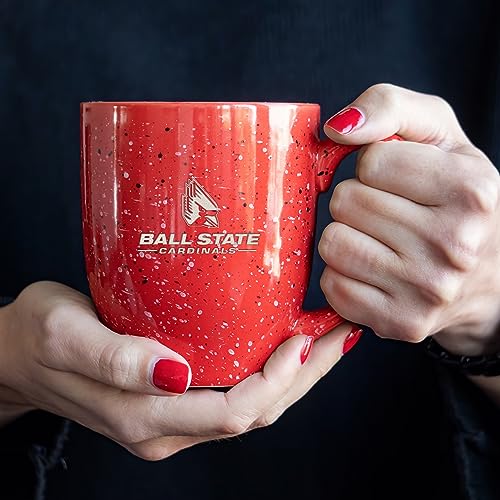Image of Rico Industries NCAA Ball State Cardinals Red Personalized 16 oz Team Color Laser Engraved Speckled Ceramic Coffee Mug