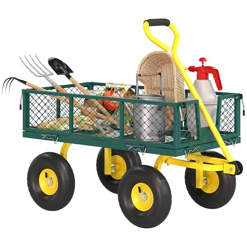 outsunny carrello da giardino robusto, rimorchio in acciaio con sponde removibili, convertibile in pianale, ruote da 25cm, manico rotante a 180°, capacità 200 kg, per spiaggia, prato e giardino, verde