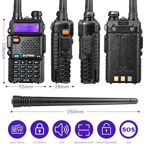 BAOFENG GT-5R Walkie Talkie, Dual Band Funkgerät für UHF VHF 144-146/430-440MHz, mit Speicher für 128 Kanäle, 1800 mAh Akku, Programmierkabel, Kopfhörer für Erwachsene, Wird von Chirp unterstützt – Bild 6