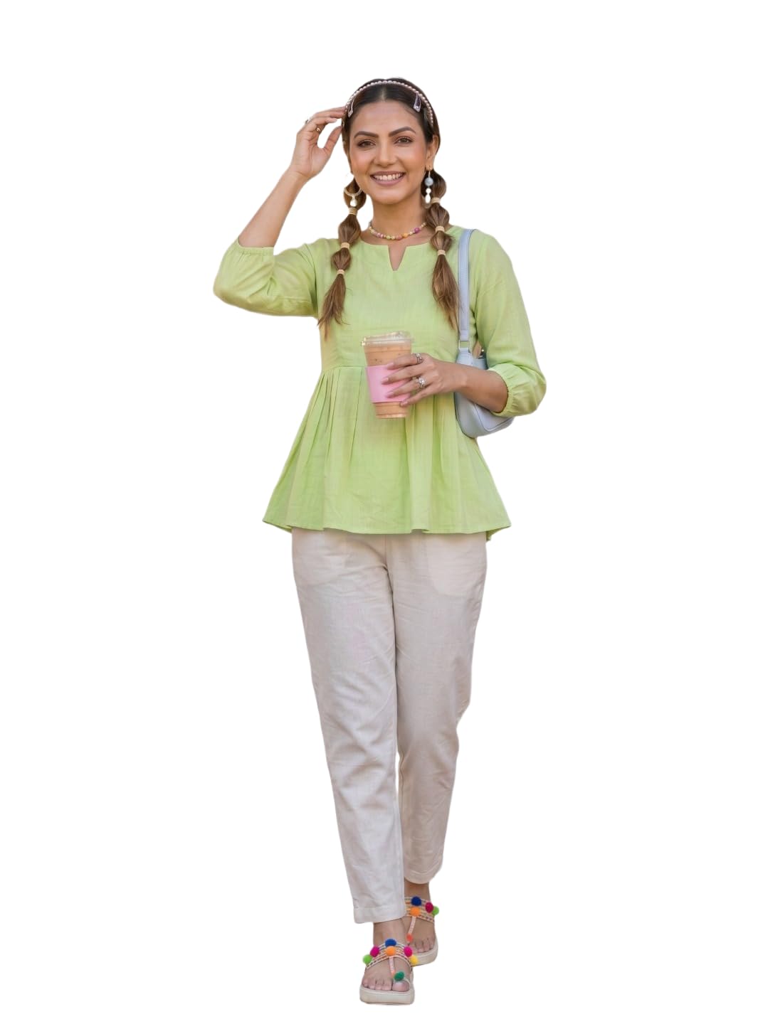 Women Pista Linen Cotton Peplum Top & Straight Pants Co-ord Set with Pockets - Summer Wear-image-0