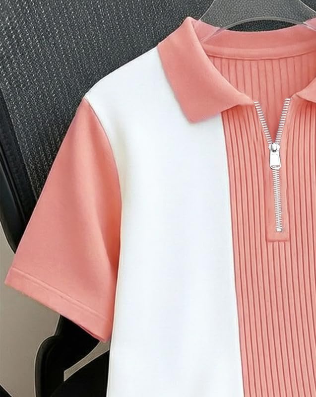 Image of AUSK Men's Textured Vertical Striped Knit Polo T-Shirt | Half Sleeve Zipper Neck Self-Design Casual Tee | Mens Tshirts