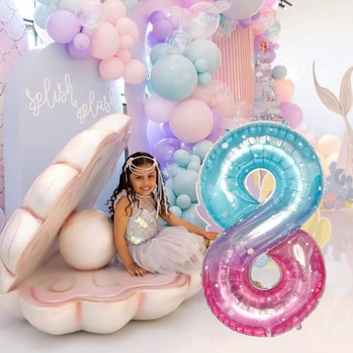 Image of Purple Teal Number 8 Balloons, 40 Inch Giant Mermaid Starry Mylar Foil Number 8 Ballon for Girls, Self Inflating 8th Birthday Helium Balloon for Women 8th Anniversary Party Decorations Supplies