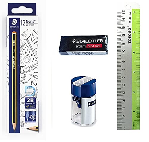 Staedtler Mars Lumograph 2B Pencils (1 Doz) + Large Rasoplast B20 Black Eraser + Tub Sharpener + 6" Aluminum Ruler Back To School Stationery Set