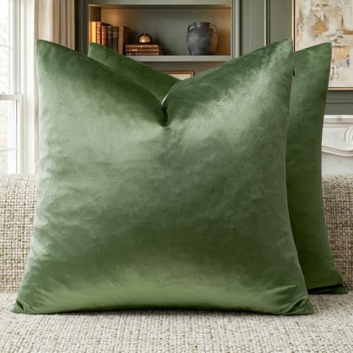 Image of GIGIZAZA Pillow Covers 20x20 Velvet Decorative Pillows Sofa Couch Throw Pillow Covers Olive Green Pack of 2 Cushion Covers