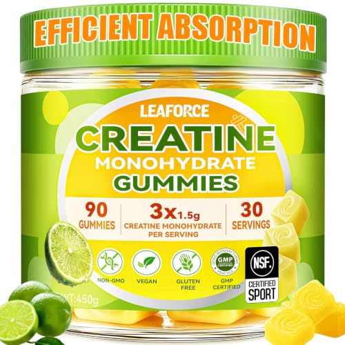 LEAFORCE Creatine Monohydrate Gummies for Men & Women, 4.5g Creatine Monohydrate per Serving – Easy Daily Creatine Supplement for Workout & Fitness Support, Vegan, Lemon Flavor, 90 Gummies