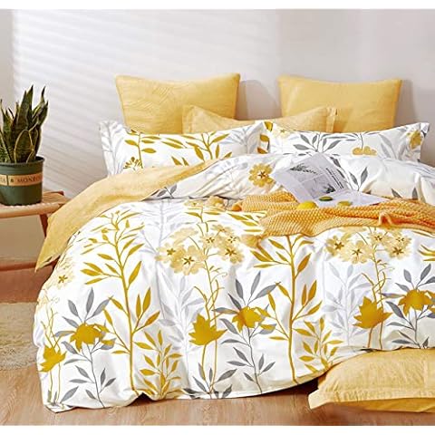 SLEEPBELLA Duvet Cover King Size, 600 Thread Count Cotton Grey Branches and Yellow Flower Reversible Comforter Cover Cover