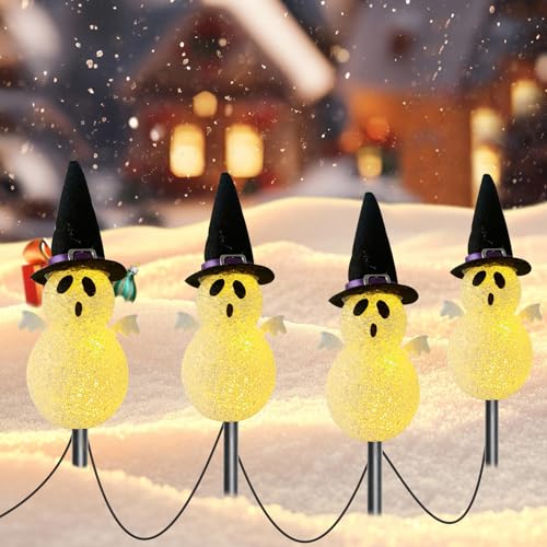 Halloween Light Stakes Ghost Lights Outdoor 7ft 4 Ghosts with 4 Stakes Light Up for Yard Driveway Garden Yard Lawn Halloween Decor