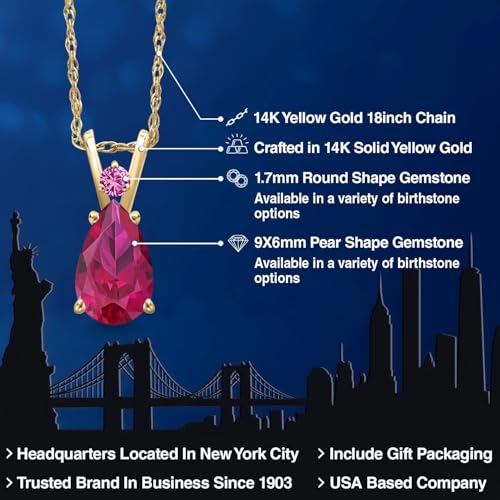 Gem Stone King 14K Yellow Gold Red Created Ruby and Pink Created Sapphire Pendant Necklace for Women | 1.47 Cttw | Gemstone July Birthstone | Pear Shape 9X6MM | With 18 Inch Chain2