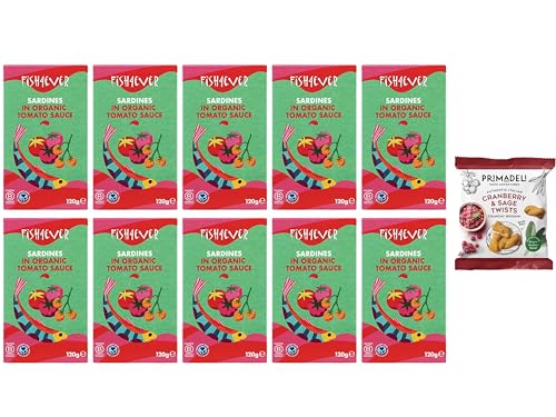 Image of Fish 4 Ever Whole Sardines in Tomato Sauce 120g (Pack of 10) + Primadeli Snack - Sustainably Fished. Tin Canned Food Rich In Omega-3. Great Used In Pasta Dishes, Sandwich Filler, Cold Snacks