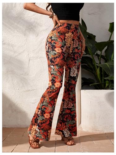 Floerns Women's Elastic High Waist Floral Print Flare Leg Summer Pants3