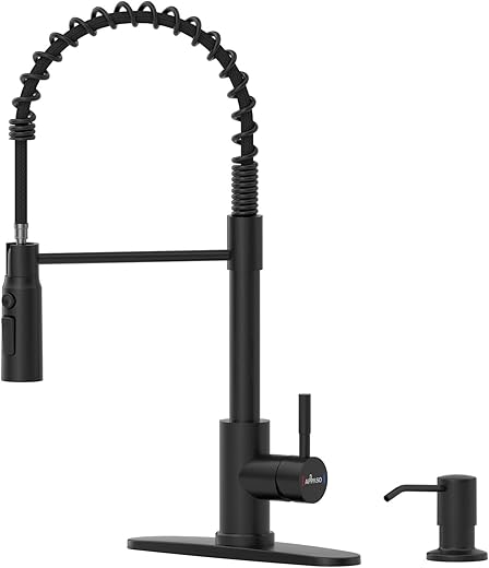 APPASO Matte Black Commercial Kitchen Faucet Pull Down Sprayer - High Arc Tall Modern Single Handle One Hole Spring Pull Out Kitchen Sink Faucet with Soap Dispenser