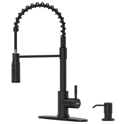 APPASO Matte Black Commercial Kitchen Faucet Pull Down Sprayer - High Arc Tall Modern Single Handle One Hole Spring Pull Out Kitchen Sink Faucet with Soap Dispenser