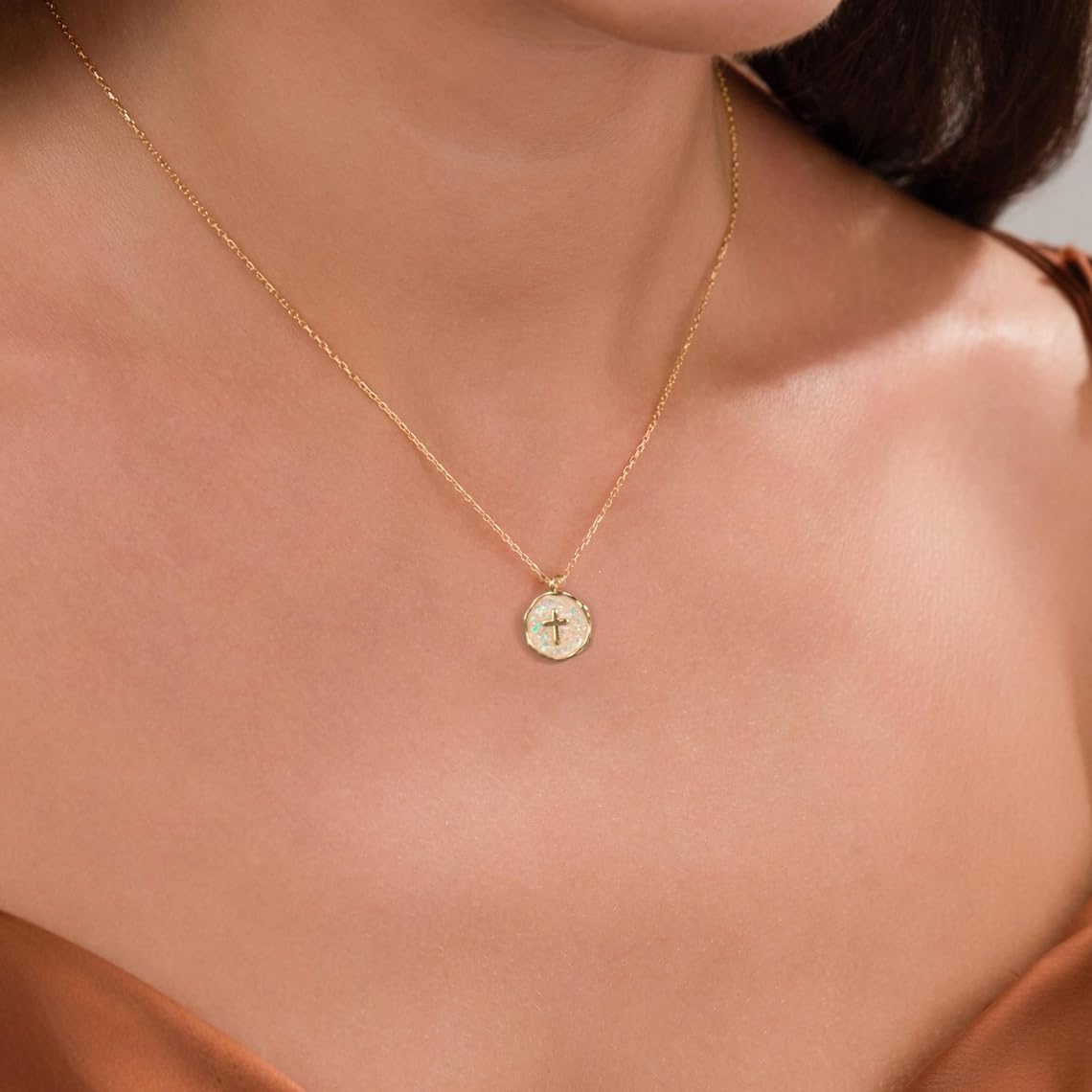 Gold Enamel Mini Cross Necklace Tiny Mother of Pearl Cross Necklace Religious Christian Gift for Baptism First Communion Christmas - Image 7