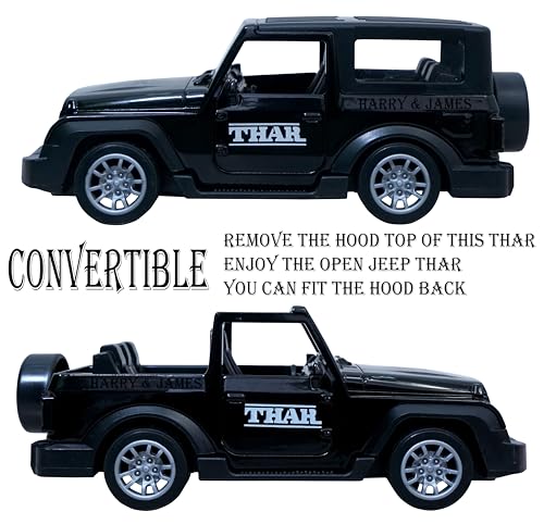 Image of HARRY & JAMES Convertible Thar 1:32 Scale DieCast Metal Pull-Back Action Openable Doors & HoodTop 4x4 Thar /Jeep with Sound & Lights Realistic Open JeepThar for Kids,Boys,Girls,Childrens,Multicolor