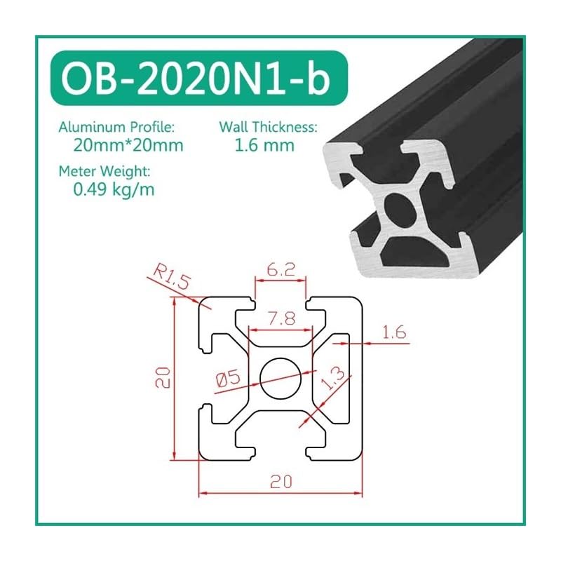OB-2020N1-b Perfil De Aluminio Con Ranura En T, Marco DIY, Máquina Extrusión Riel Lineal, Metal, Sellado for Impresora 3D CNC, 1 Ud(900mm)
