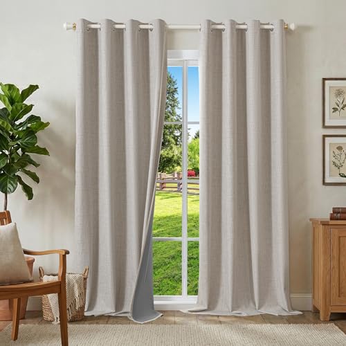 Runyéla 100% Verdunklungsvorhänge Leinen Gardinen mit Ösen 2er Set, Thermovorhang Hitzeschutz H 245 x B 140, Leinenoptik Vorhänge Blickdicht Grauweiß Schallschutz für Schlafzimmer Wohnzimmer