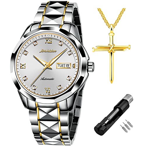 JSDUN Watches for Men Male Luxury Automatic Mechanical Watch Sapphire Tungsten Steel Dress Wristwatch Big Face Silver Dial Waterproof with Day Date Two Tone