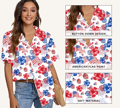 Image of American Flag Shirt for Women 4th of July USA Button Up Tops Summer Hawaii Floral Patriotic Stripes Graphic Tee