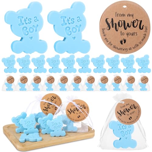 25 Sets Bear Themed Baby Shower Soap Favors for Guests Boy Girl Handmade Scented Soaps with Mini Thank You Tags and Organza Bags for Shower Gender Reveal Party Favors(Blue, It's A Boy)