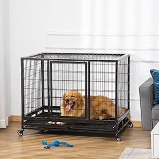 PawHut 43" Heavy Duty Metal Dog Kennel Pet Cage with Crate Tray and Wheels - Black (Large)
