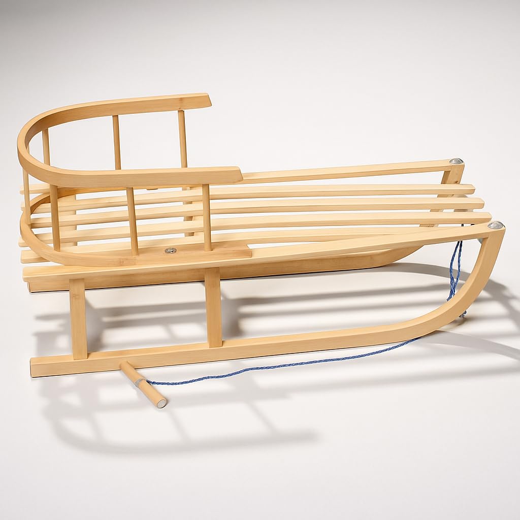 BirnePower Holzschlitten 90cm mit Rückenlehne und Winterfußsack 90cm oder 108cm Komplettset inkl. Zugseil & Gurt, Rodelschlitten aus Buchenholz