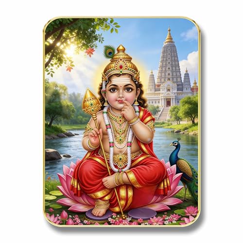 Image of SAF Bala Murugan Lord Kartikeya Wall Art with Table Top Stand & Wall Hanging Hole | Premium MDF Subramanya Swamy Peacock Painting for Home Mandir