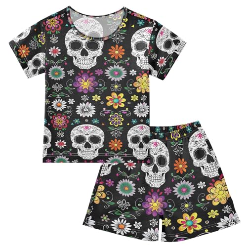 ALAZA Skeleton Flower Blossom Sugar Skull Pajamas Set Short Sleeve Cotton Sleepwear Summer Pjs 2 Piece 5-14Y