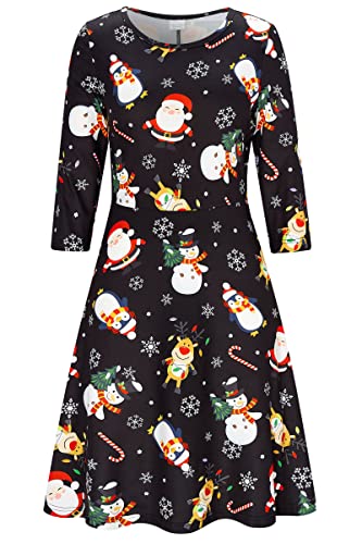 AIDEAONE Damen Weihnachten Kleid Kostüm Langarm Midi Weihnachtskleider Lustig Lebkuchenmann Druck,L